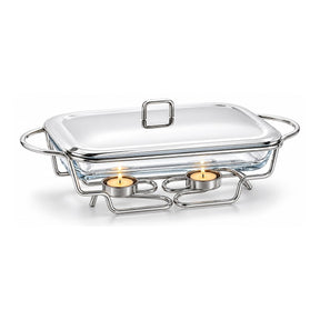 Sabinex Rectangle Glass Food Warmer with Stainless Steel Stand and Lid, 1.5L, model DT-205