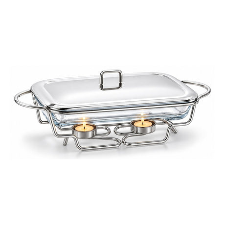 Sabinex Rectangle Glass Food Warmer with Stainless Steel Stand and Lid, 1.5L, model DT-205