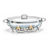 Sabinex Oval Glass Food Warmer with Stainless Steel Stand and Lid, 2L, model DT-301
