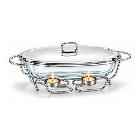Sabinex Oval Glass Food Warmer with Stainless Steel Stand and Lid, 2L, model DT-301