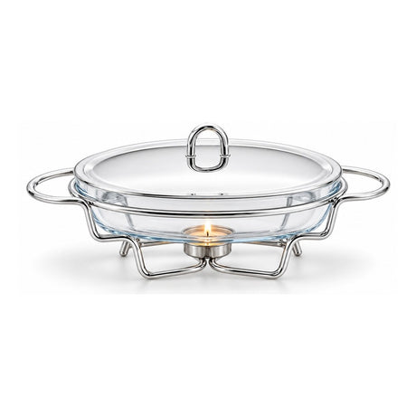 Sabinex Oval Glass Food Warmer with Stainless Steel Stand and Lid, 1.5L, model DT-302