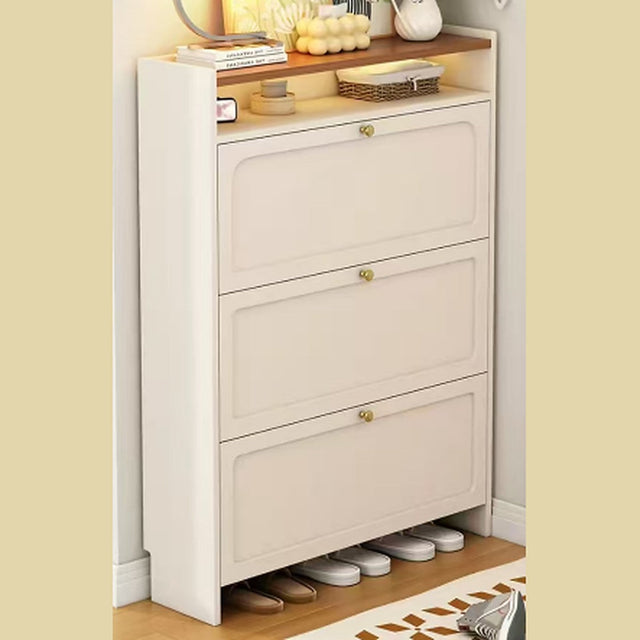 Slim Shoe Cabinet 90x24x132cm Cream and Oak with 3 Flip Down Tiers