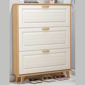 Shoe Cabinet 90x35x109cm Cream and Oak with 3 Flip Down Doors and Wood Legs