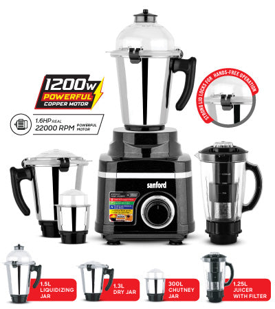 Sanford 5-in-1 Mixer Grinder | 1200W | 3 Stainless Steel Jars + Juicer Jar | ABS Body | 3 Speed Control | Overload Protectio