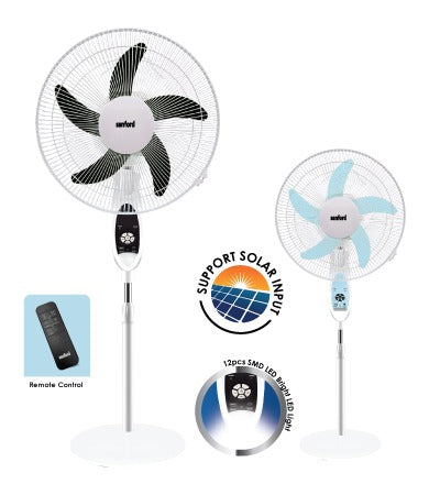 18” Rechargeable Stand Fan – 9 Speed Settings, 12 LED Lights, Adjustable Height, AC/DC & Solar Input – Strong ABS Body, 100% Copper Motor | 2-Year Warranty