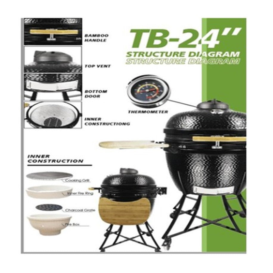 24 Inch Kamado Ceramic Charcoal BBQ Grill & Smoker with Side Tables and Cart (TB-24)