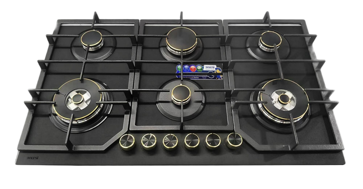 Bolesi BLS-ML-8601G Built-in Gas Hob 6 Burner Glass 90cm Kenya | Golden Diamond Series, 2 Wok Burners, 840x480mm Cut-out, 1 Year Warranty