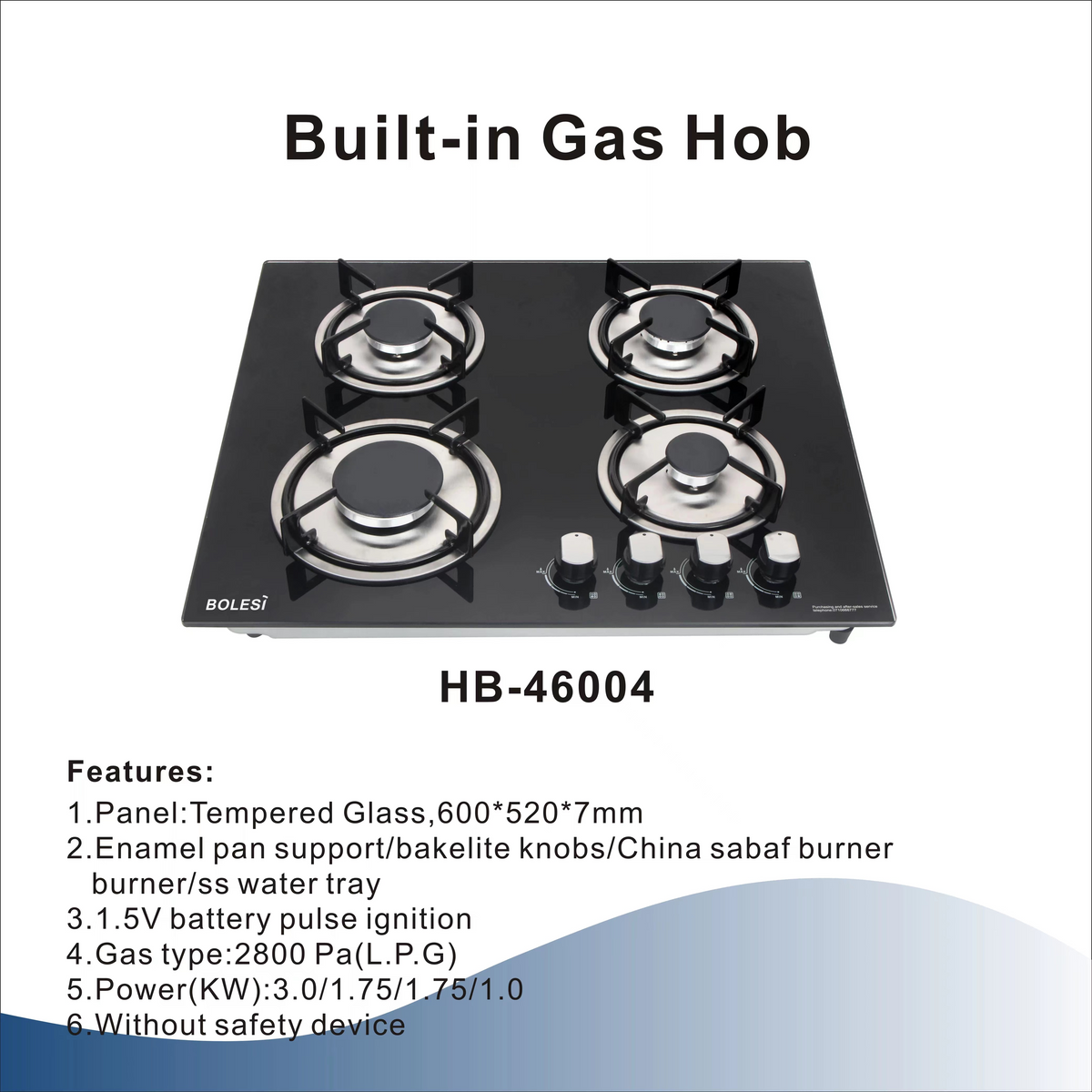 Bolesi HB-46004 Built-in Gas Hob 4 Burner Tempered Glass 60cm Kenya | Battery Pulse Ignition, Enamel Pan Supports, Bakelite Knobs, LPG