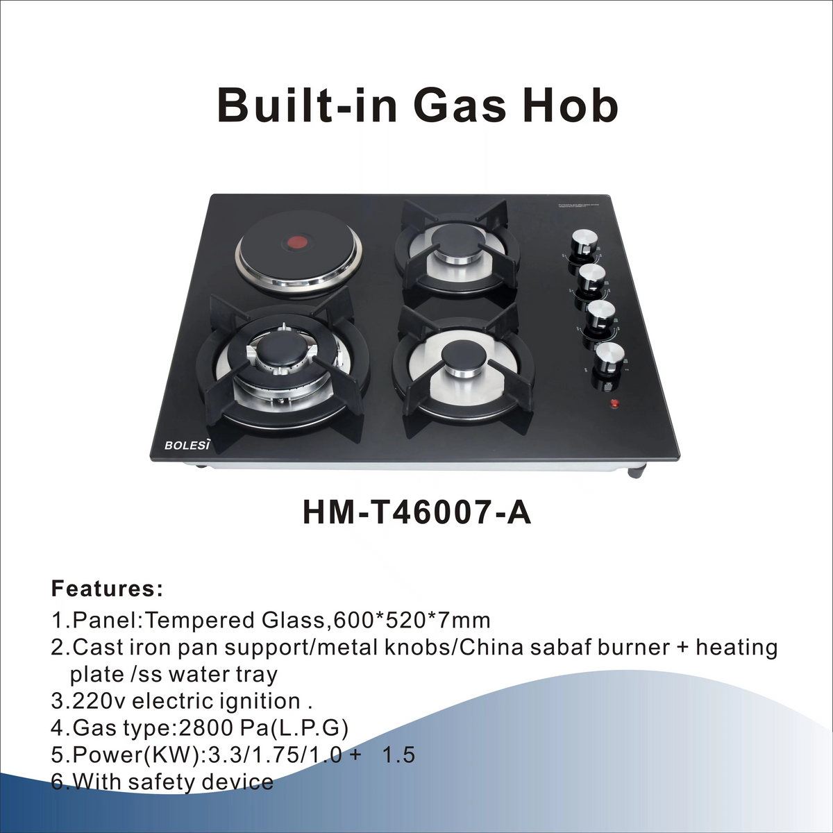 Bolesi HM-T46007-A Built-in Gas Hob 3 Gas + 1 Electric Tempered Glass 60cm Kenya | Hybrid Hob, Auto Ignition, Flame Failure Device, Black Glass