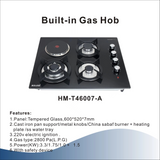 Bolesi HM-T46007-A Built-in Gas Hob 3 Gas + 1 Electric Tempered Glass 60cm Kenya | Hybrid Hob, Auto Ignition, Flame Failure Device, Black Glass