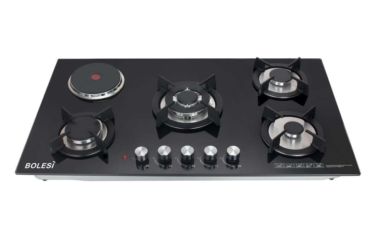 Bolesi HB-59035D Built-in Gas Hob 4 Gas + 1 Electric Tempered Glass 90cm Kenya | Hybrid Hob, Wok Burner, Gas Leak Sensor, Auto Ignition