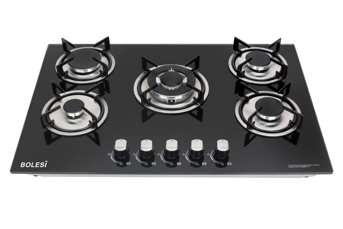 Bolesi HB-57005 Built-in Gas Hob 5 Burner Tempered Glass Kenya | Wok Burner, Cast Iron Pan Supports, Auto Ignition, Flame Failure Device, 76cm