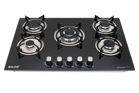Bolesi HB-57005 Built-in Gas Hob 5 Burner Tempered Glass Kenya | Wok Burner, Cast Iron Pan Supports, Auto Ignition, Flame Failure Device, 76cm