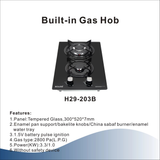 Bolesi H29-203B Built-in Gas Hob 2 Burner Tempered Glass Kenya | 30cm Domino, Battery Pulse Ignition, Enamel Pan Supports, LPG