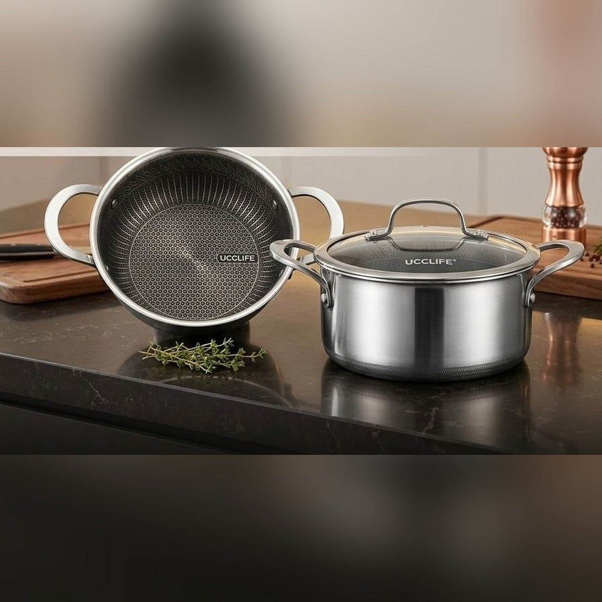 UccLife Triply Stainless Steel Cookware Casserole Pot with Glass Lid, 18cm to 28cm, Honeycomb Non Stick Sufuria, Induction and Oven Safe