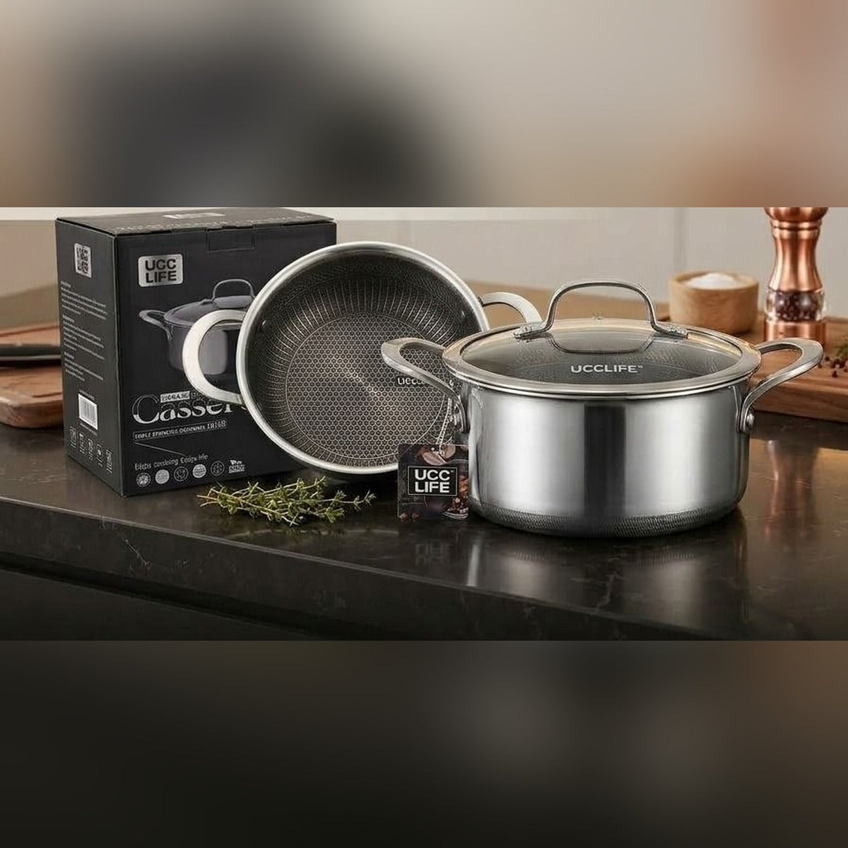 UccLife Triply Stainless Steel Cookware Casserole Pot with Glass Lid, 18cm to 28cm, Honeycomb Non Stick Sufuria, Induction and Oven Safe