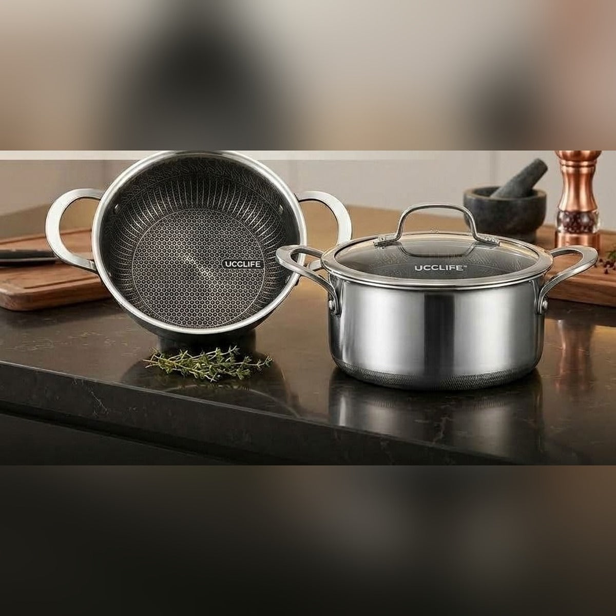 UccLife Triply Stainless Steel Cookware Casserole Pot with Glass Lid, 18cm to 28cm, Honeycomb Non Stick Sufuria, Induction and Oven Safe