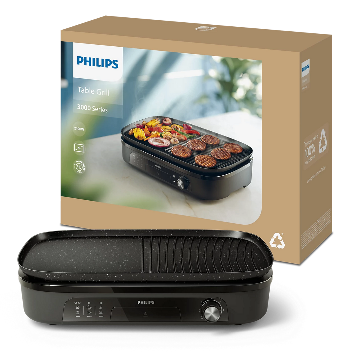 Philips Table Top Grill 2400W - Extra Large 1250cm2 Grilling Surface, Maifan Stone Coating, Adjustable Temperature