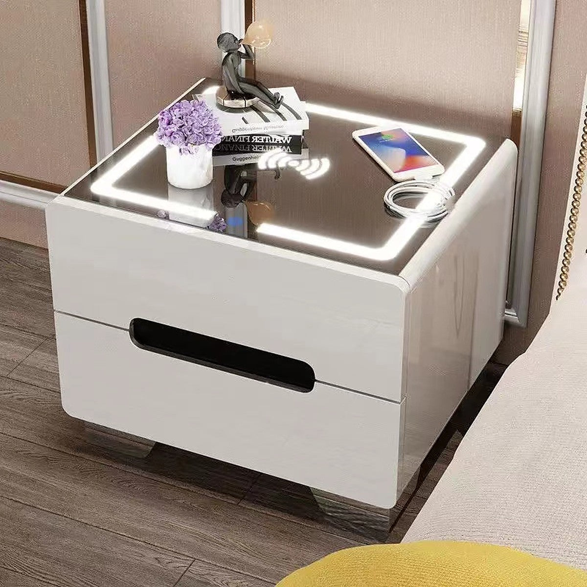 Smart Bedside Table 2 Drawer White Gloss with LED Light and Wireless Charging Top 40x50cm, Wood Trim