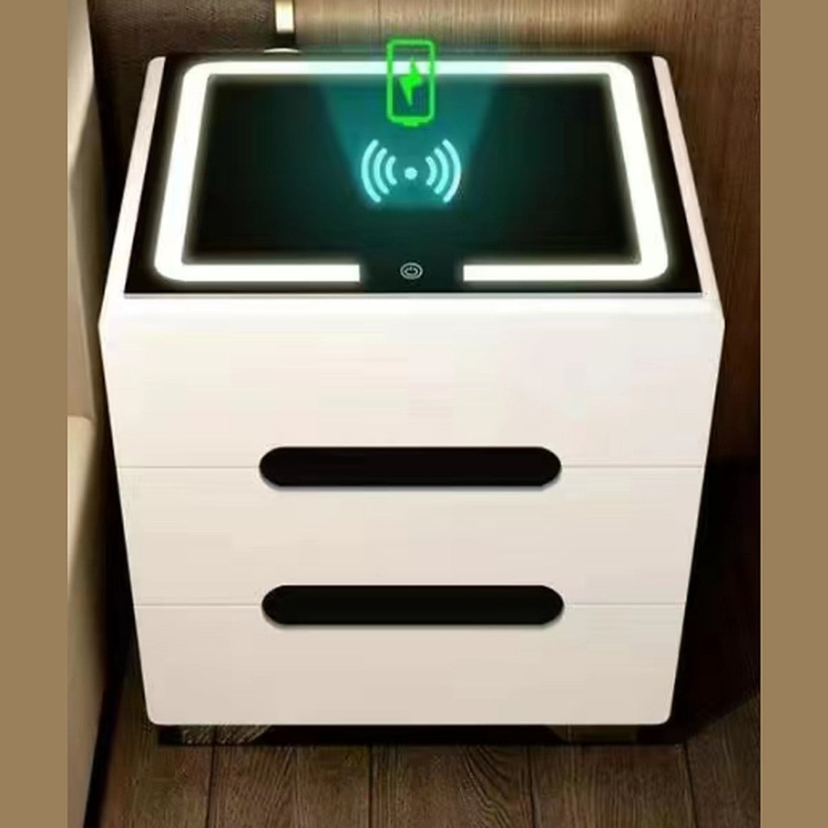 Smart Bedside Table 2 Drawer White Gloss with LED Light and Wireless Charging Top 40x50cm, All White