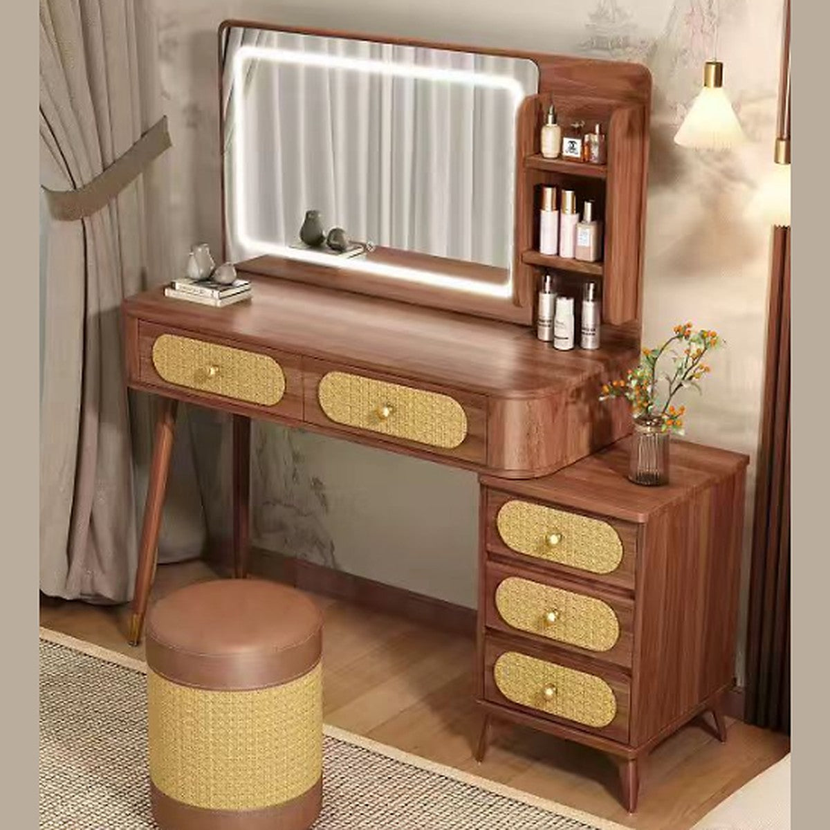 Rattan Dressing Table 100x40x77cm Walnut with LED Mirror and Side Shelves