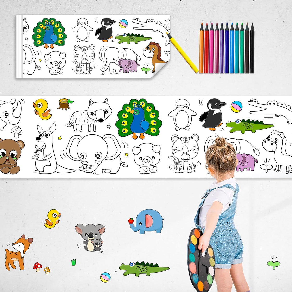 Drawing Roll for Kids, Sticky Coloring Paper Rolls with Colored Pencil Graffiti Scroll DIY Painting for Toddlers Children Boys Girls 3 4 5 Educational Toys