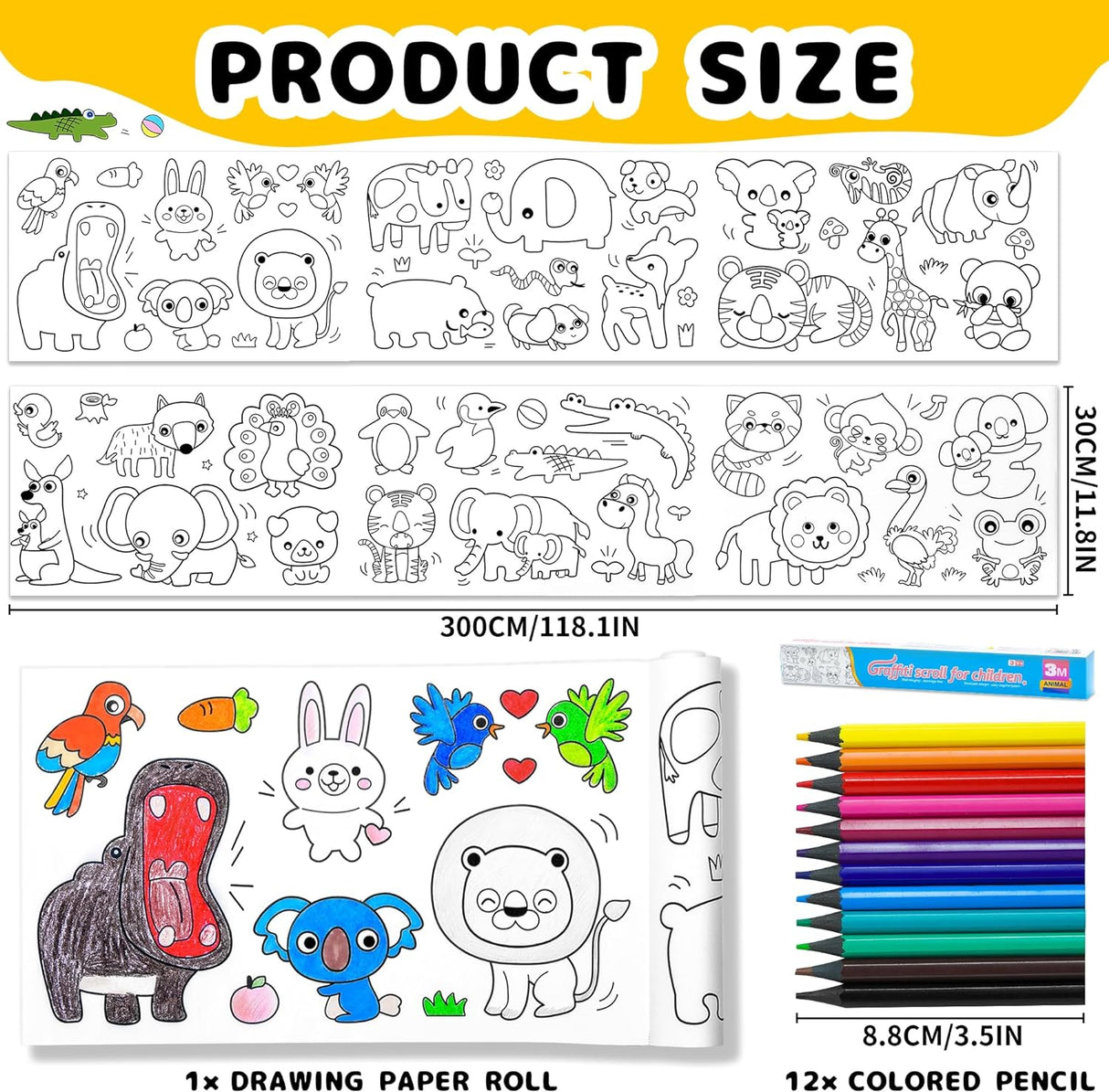 Drawing Roll for Kids, Sticky Coloring Paper Rolls with Colored Pencil Graffiti Scroll DIY Painting for Toddlers Children Boys Girls 3 4 5 Educational Toys