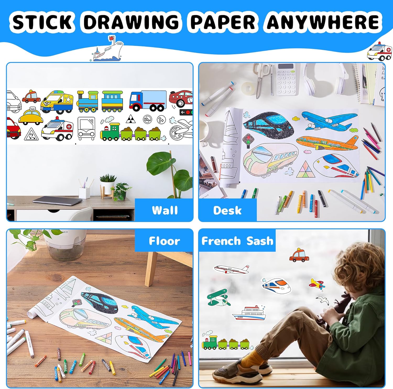 Drawing Roll for Kids, Sticky Coloring Paper Rolls with Colored Pencil