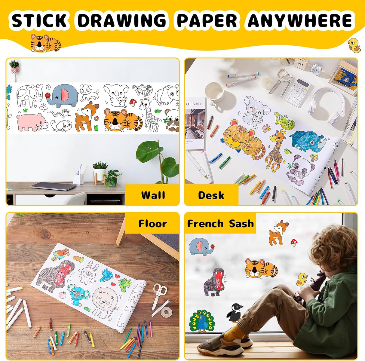 Drawing Roll for Kids, Sticky Coloring Paper Rolls with Colored Pencil Graffiti Scroll DIY Painting for Toddlers Children Boys Girls 3 4 5 Educational Toys