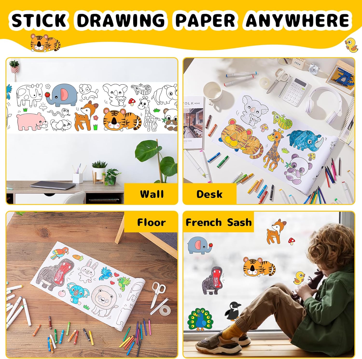 Drawing Roll for Kids, Sticky Coloring Paper Rolls with Colored Pencil