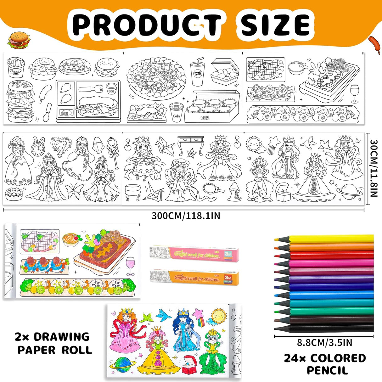 Drawing Roll for Kids, Sticky Coloring Paper Rolls with Colored Pencil Graffiti Scroll DIY Painting for Toddlers Children Boys Girls 3 4 5 Educational Toys