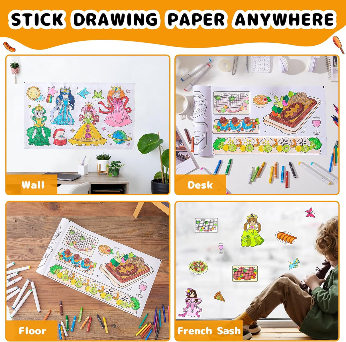 Drawing Roll for Kids, Sticky Coloring Paper Rolls with Colored Pencil Graffiti Scroll DIY Painting for Toddlers Children Boys Girls 3 4 5 Educational Toys